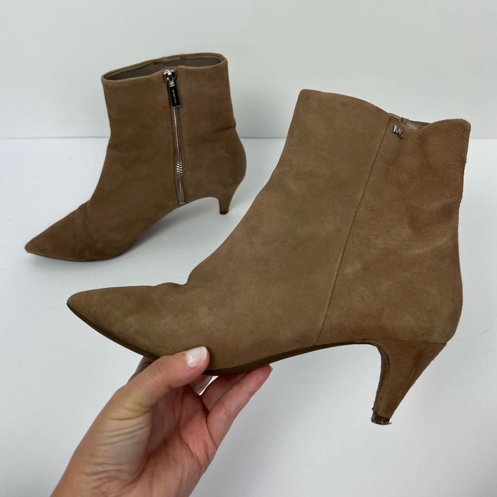 Michael Kors Suede Bootie Heeled Zip‎ Boot Tan Brown Pointy Toe Leather Upper